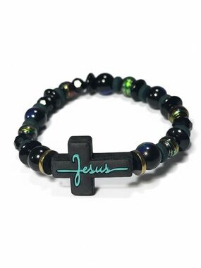 Black Beaded Stretch Bracelet W/Turquoise and Black Jesus Accent Silicone Bead